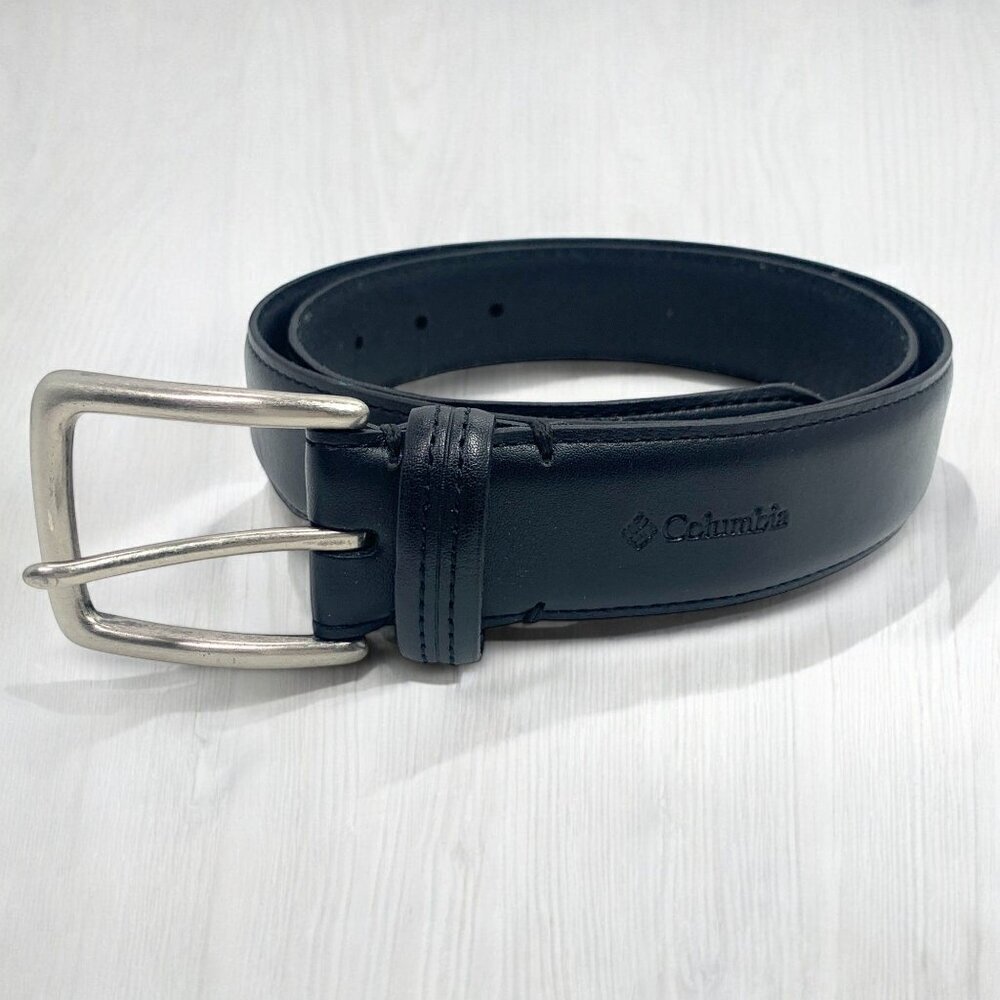 Columbia Mens Black Leather Belt Size 34" Genuine Leather Lining Synthetic Top
